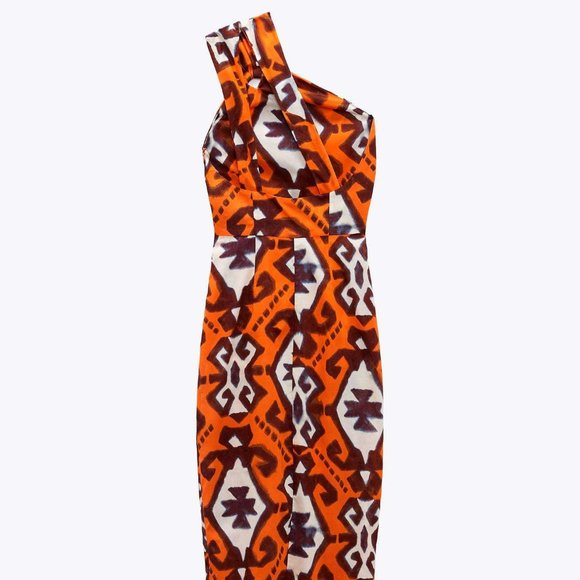 ZARA MULTICOLOURED PRINTED DRESS WITH ASYMMETRIC HEM Orange Medium NWT - Picture 5 of 15